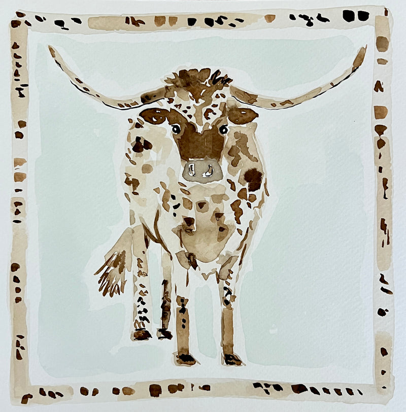 Take the Bull by the Horns, Original 8x8 Watercolor