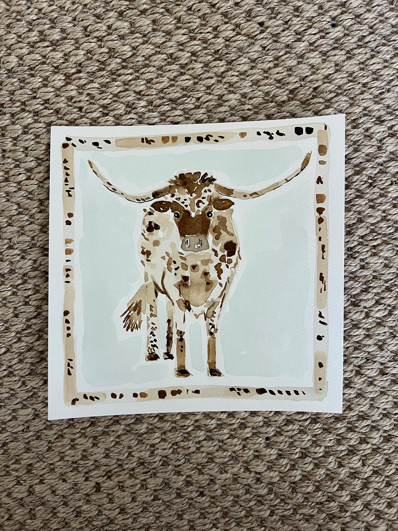 Take the Bull by the Horns, Original 8x8 Watercolor